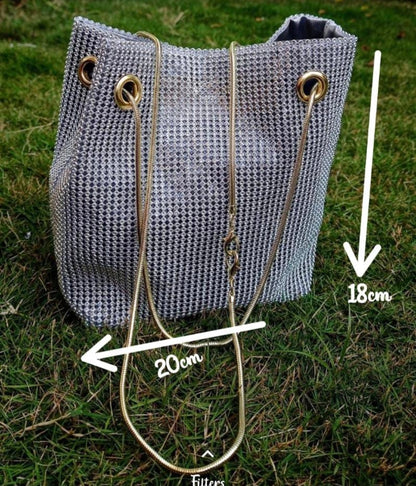 Silver Crystal Potli Bag for Women | Rhinestone Party Sling Bag with Chain Strap