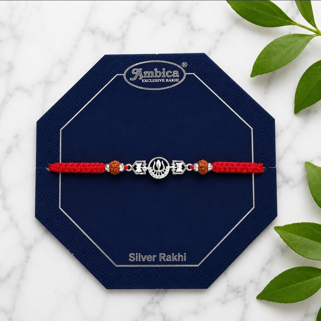 Silver Trishul Rakhi with Rudraksha Beads | Divine Shiv Rakhi with Roli Chawal