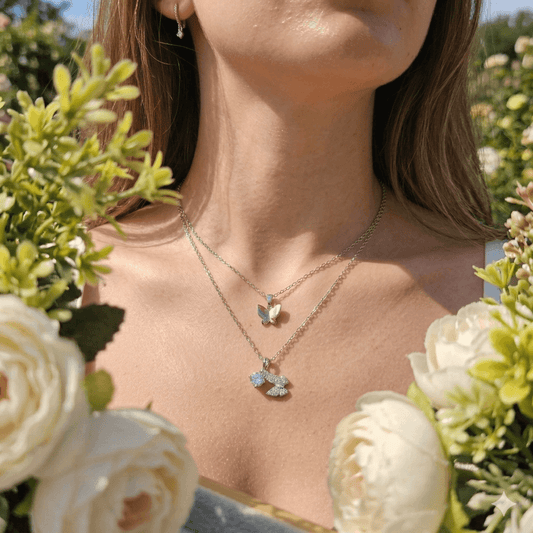 Stainless Steel Butterfly Pendant Necklace Set – Layered Crystal Charm Necklace for Women