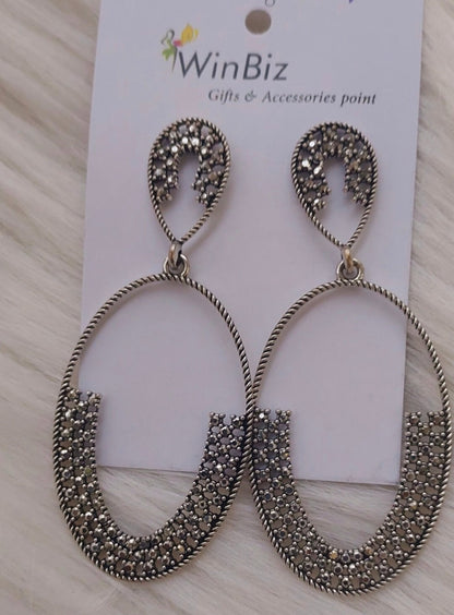Silver Crystal Drop Oval Earrings
