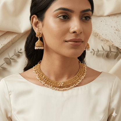 Antique Gold Polish Filigree Choker Necklace Set with Pearl Drops & Jhumka Earrings