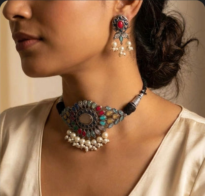 Multicolored Silver Replica Choker Set