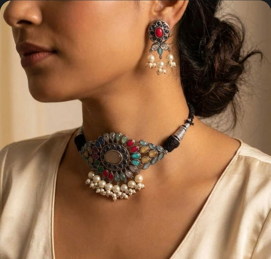 Multicolored Silver Replica Choker Set