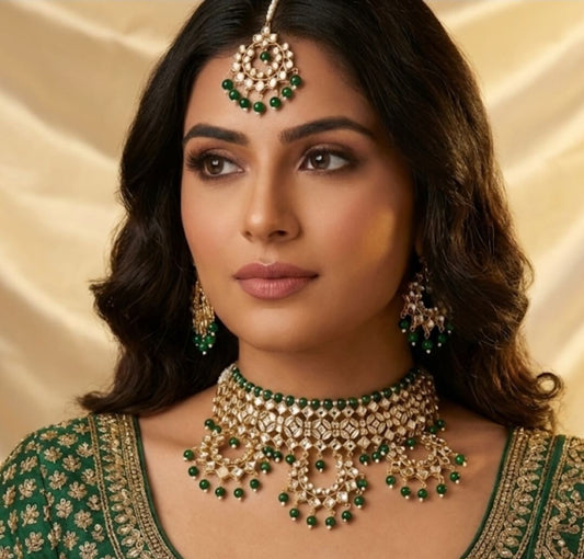 Kundan Choker set with Emerald Green Pearl Drops