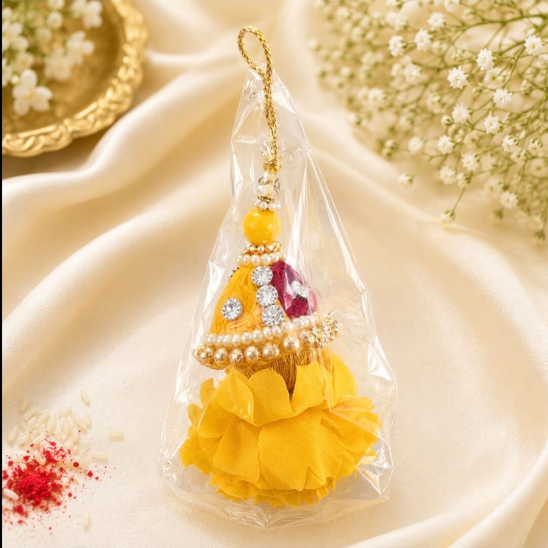 Yellow Floral Lumba Rakhi for Bhabhi | Designer Pearl & Stone Lumba Rakhi