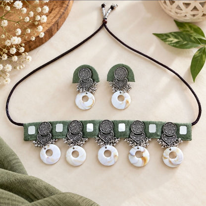 Handmade Fabric Choker Necklace Set with Oxidised Silver