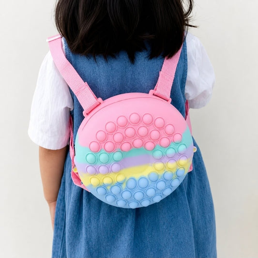 Kids Pop It Backpack for Girls | Round Silicone Fidget School Bag | Pastel Rainbow Mini Backpack