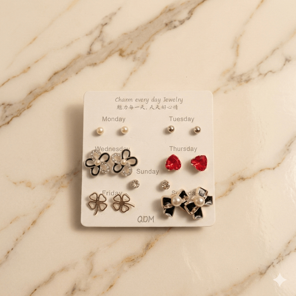 7 Days Stud Earrings Set for Women & Girls – Pearl, Crystal, Heart & Bow Daily Wear Earrings Combo