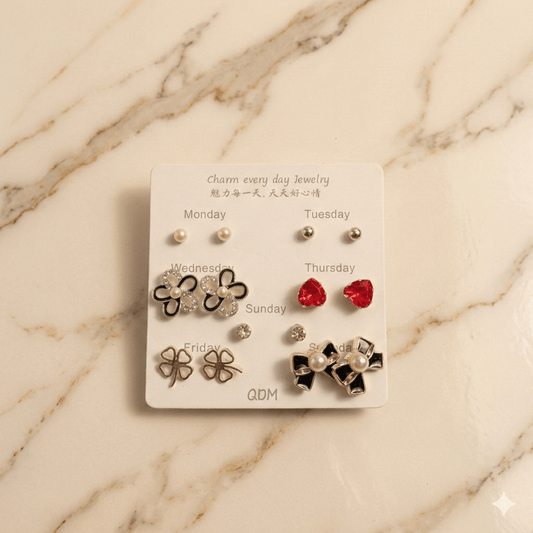7 Days Stud Earrings Set for Women & Girls – Pearl, Crystal, Heart & Bow Daily Wear Earrings Combo