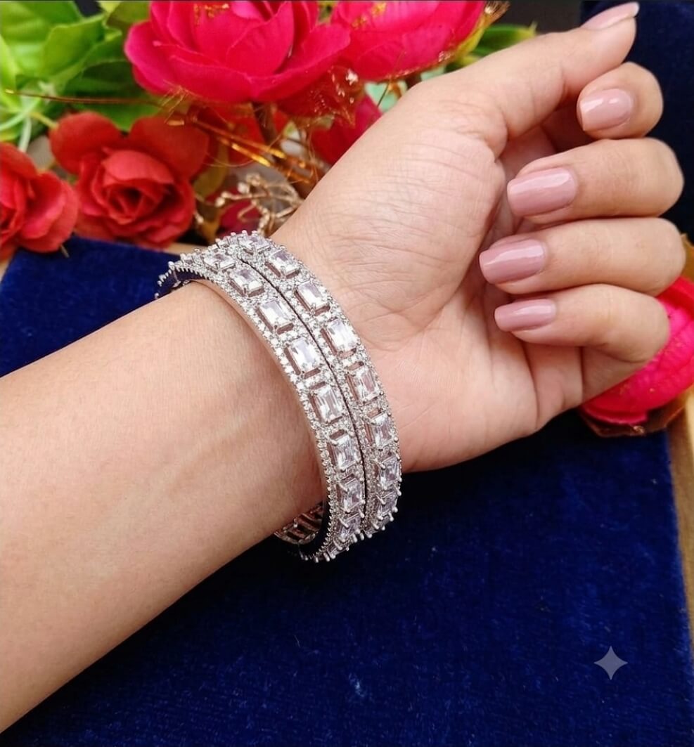 Silver-Tone AD Stone Bangles for Women | Baguette Cut Cubic Zirconia Designer Bangles | Bridal, Party & Wedding Wear
