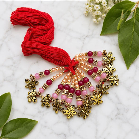 Butterfly Designer Lumba Rakhi for Bhabhi | Pearl & Pink Beaded Golden Lumba(1pc)