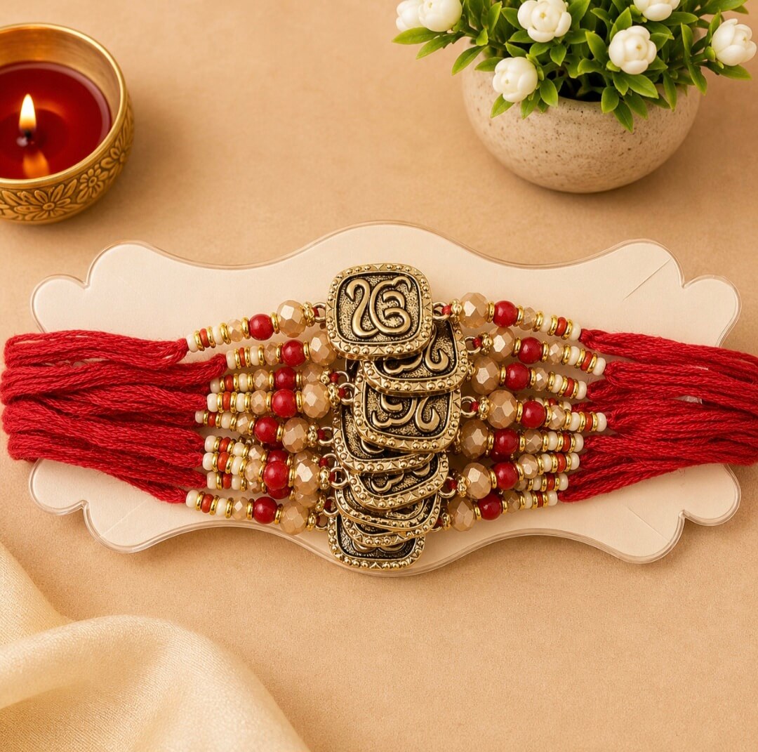 Set of 2 Traditional Designer Beaded Rakhi for Brother | Red Thread Rakhi with Gold-Tone Ik Onkar