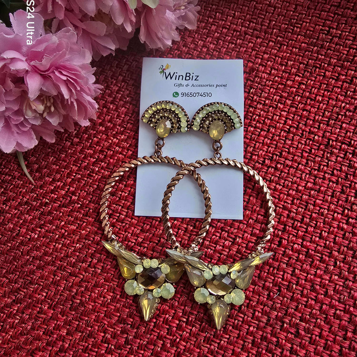Antique Gold Hoop Earrings with Green & Amber Stone Detailing