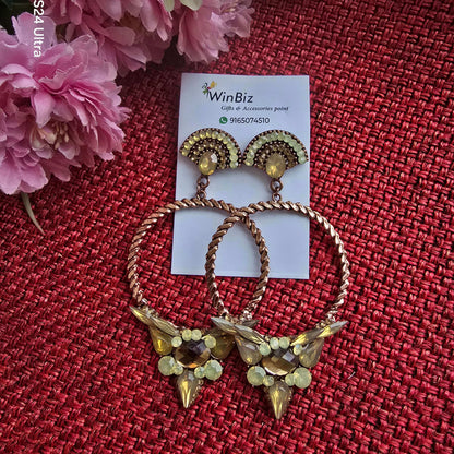 Antique Gold Hoop Earrings with Green & Amber Stone Detailing