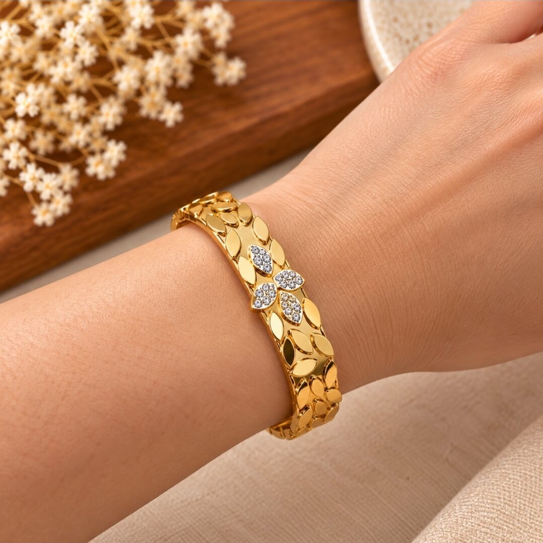 Anti-Tarnish Gold-Tone Floral Stone Studded Openable Bracelet for Women ( For Small Wrists)