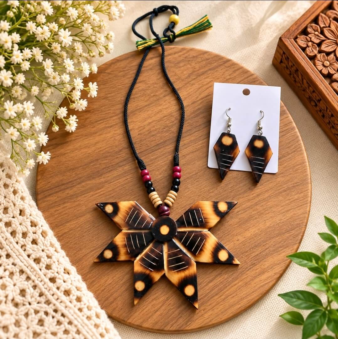 Handcrafted Bamboo Pendant Necklace & Earrings Set | Boho Jewelry