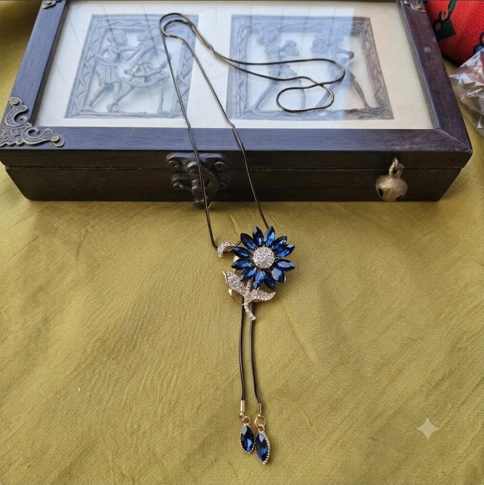Blue Sunflower Pendant with long Black Chain