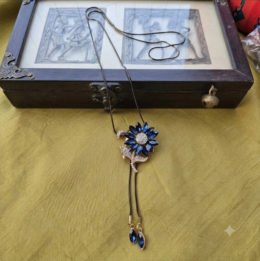 Blue Sunflower Pendant with long Black Chain