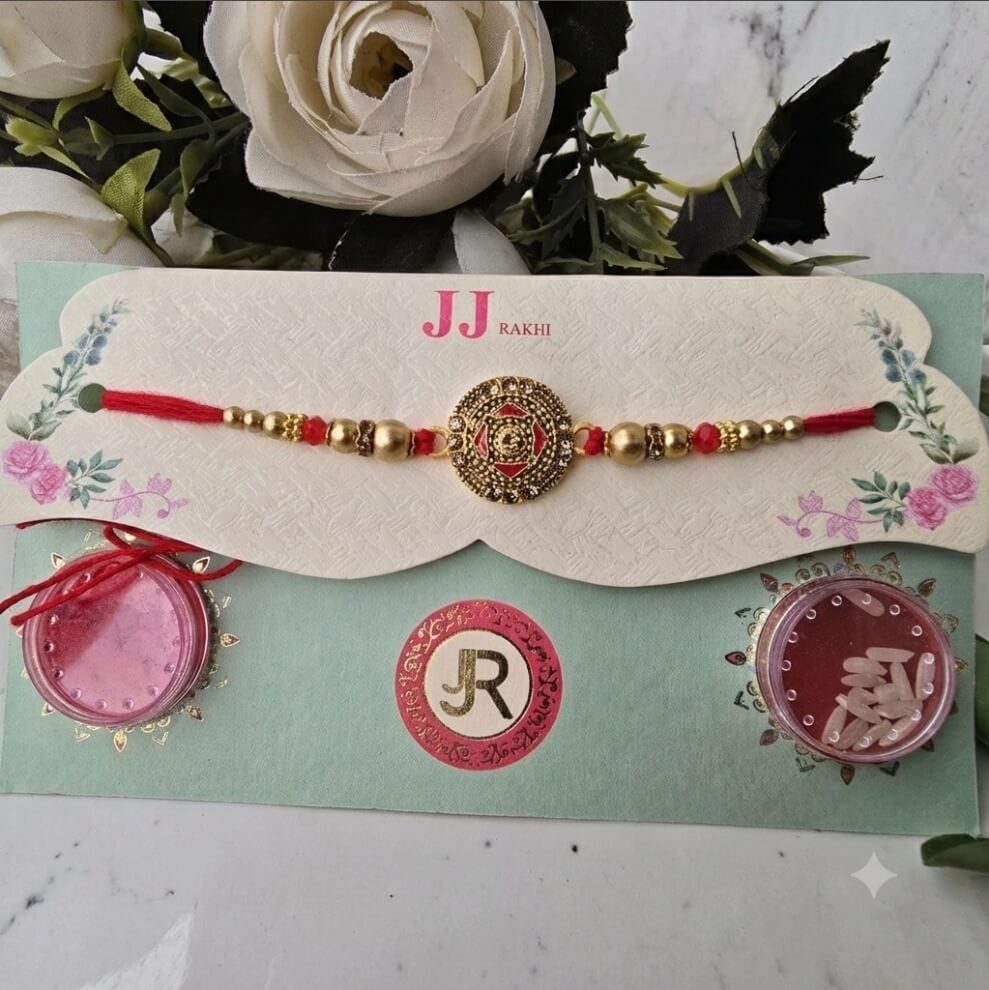 Traditional Designer Rakhi for Brother | Antique Gold Beaded Rakhi | Premium Raksha Bandhan Rakhi with Roli Chawal