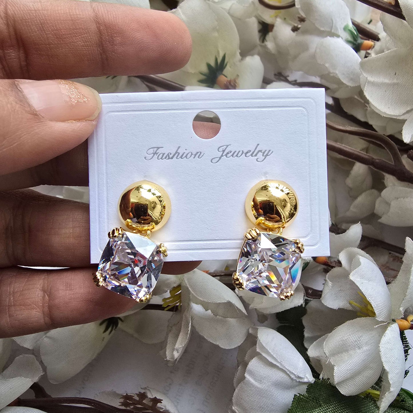 Gold Stud Drop Earrings with Crystal Stone | Elegant Diamond Look Earrings for Women | Party & Occasion Wear