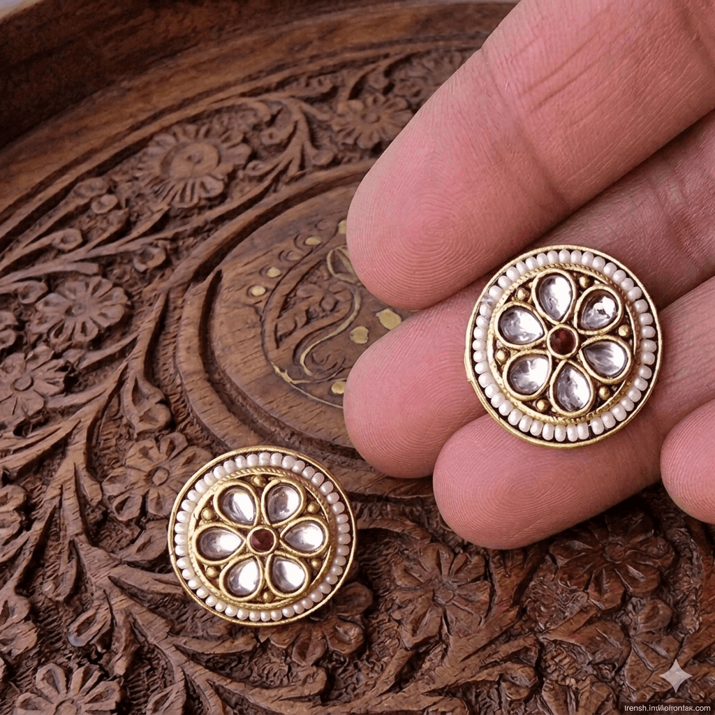Gold-plated Kundan and Pearl Stud Earrings.