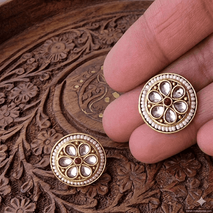 Gold-plated Kundan and Pearl Stud Earrings.