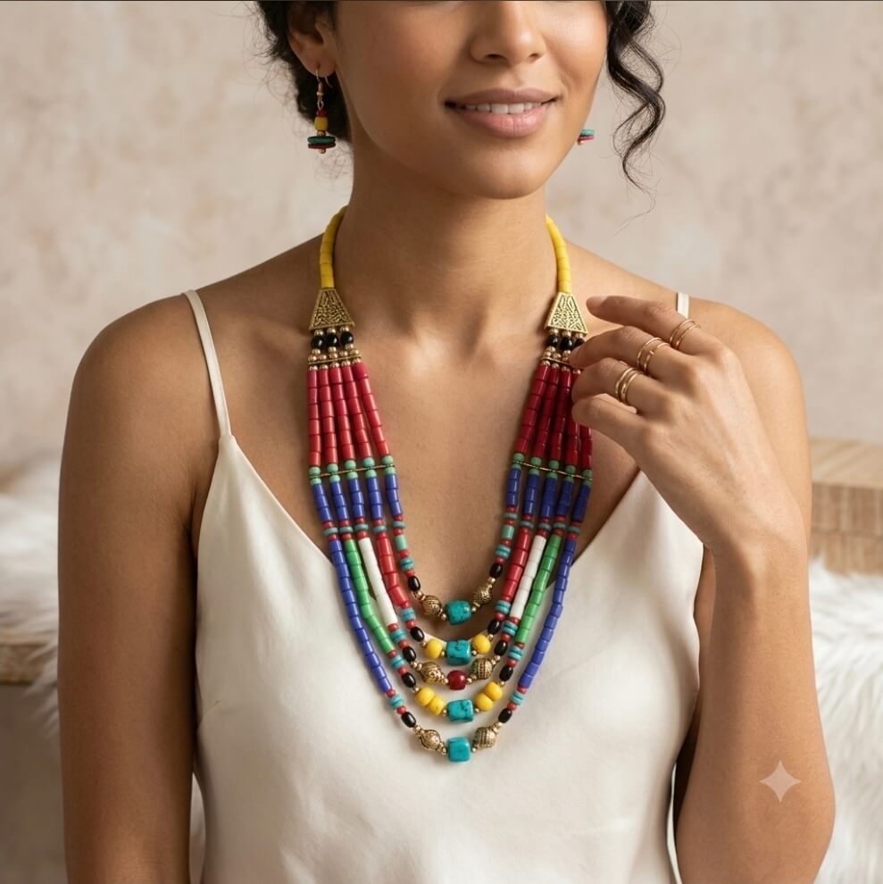 Multicolor Layered Beaded Statement Necklace for Women | Boho Tribal Ethnic Fashion Necklace