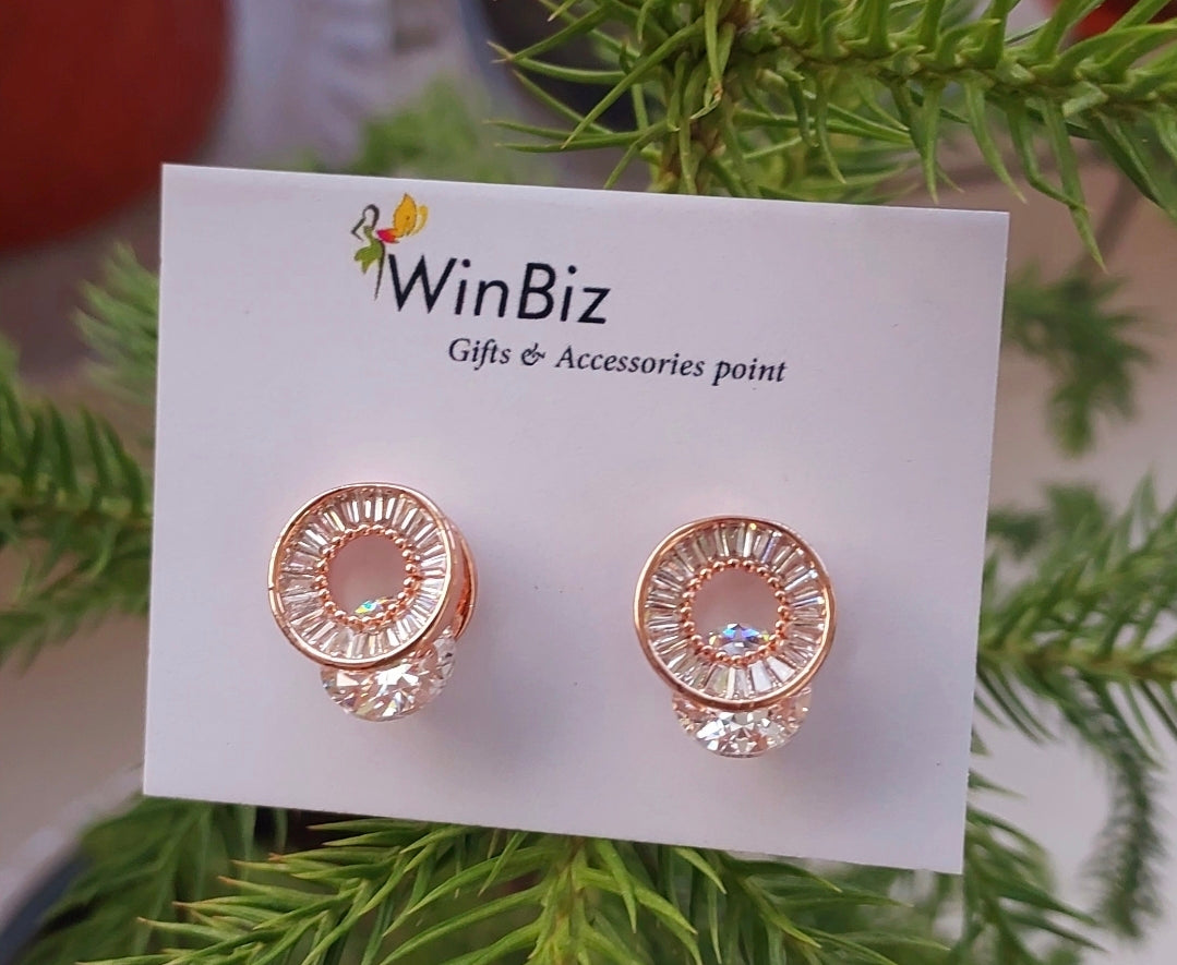 Rose Gold Finish Circular Crystal Stud Earrings for Women | Elegant Party Wear