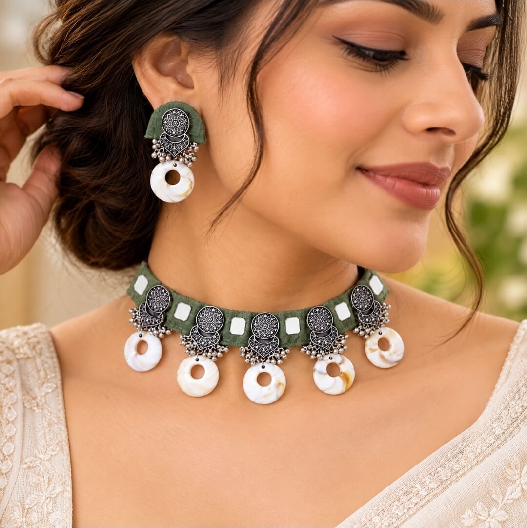 Handmade Fabric Choker Necklace Set with Oxidised Silver