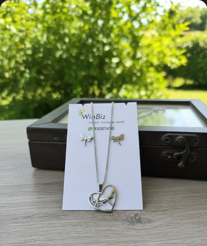Stainless Steel Heart Pendant Necklace & Stud Earrings Set for Girls – Daily Wear Jewellery