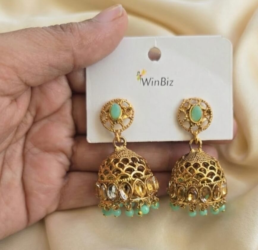 Golden Jhumkas with green drops