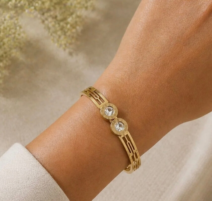 Gold Plated Anti-Tarnish Openable Bracelet with Roman Numeral Crystal Design