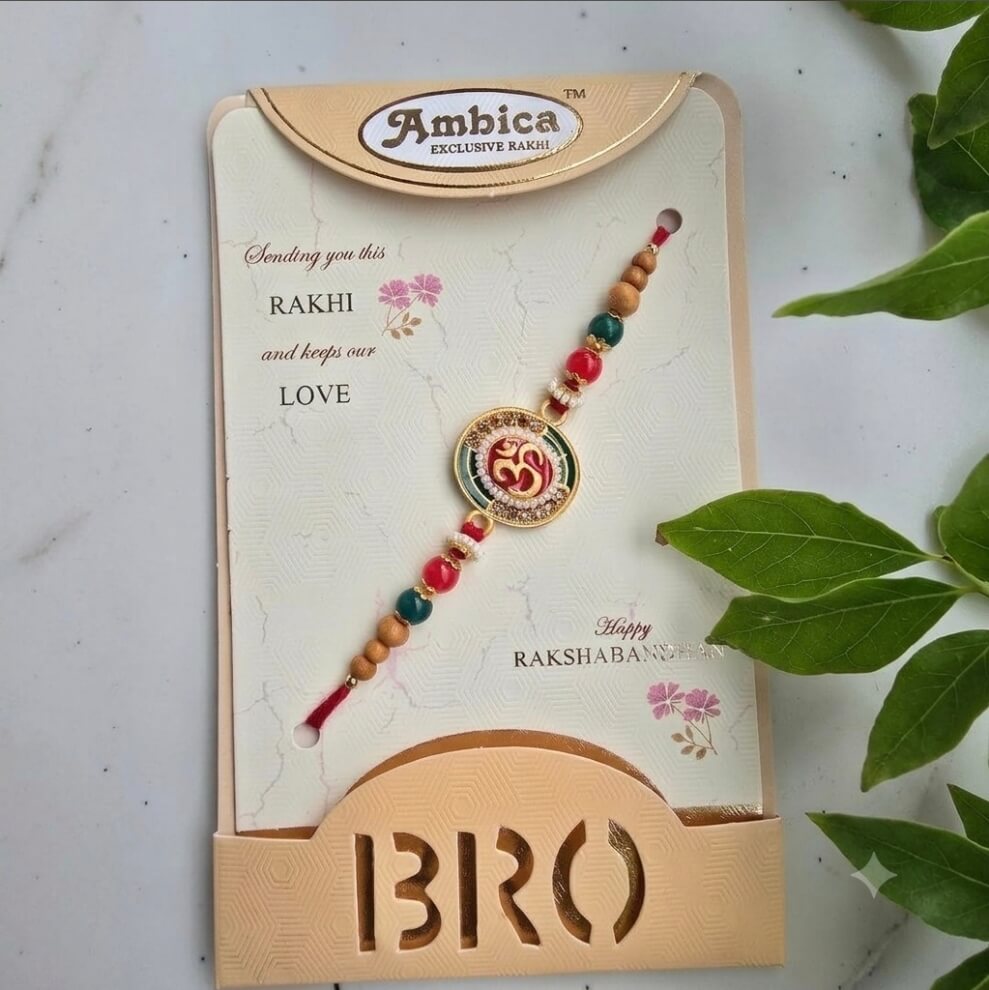 Om Designer Rakhi with Roli Chawal for Brother | Spiritual Raksha Bandhan Rakhi with Wooden & Colorful Beads