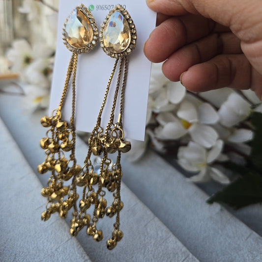 Gold Crystal Teardrop Kashmiri Earrings with Ghungroo for Women | Statement Party Wear Dangle Earrings
