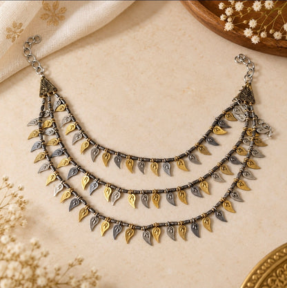 Triple Layer Leaf Charm Oxidised Necklace | Boho Statement Jewellery
