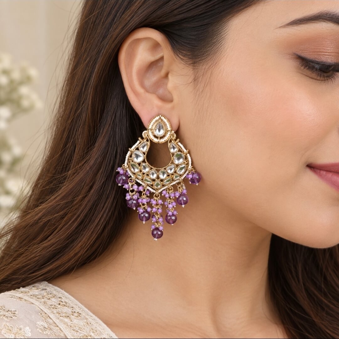 Kundan Chandbali Earrings with Pearl & Beaded Drops | Purple & Teal