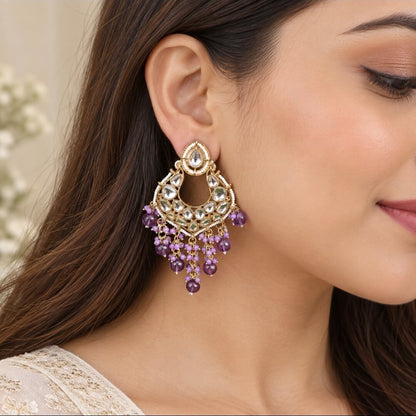 Kundan Chandbali Earrings with Pearl & Beaded Drops | Purple & Teal