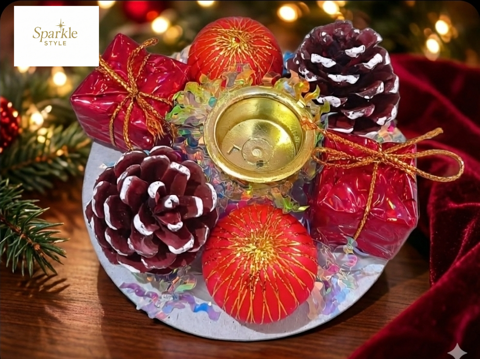 Candle stand with small Christmas Tree ornaments