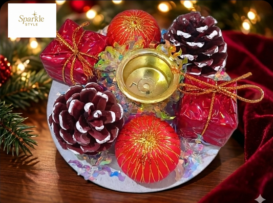 Candle stand with small Christmas Tree ornaments