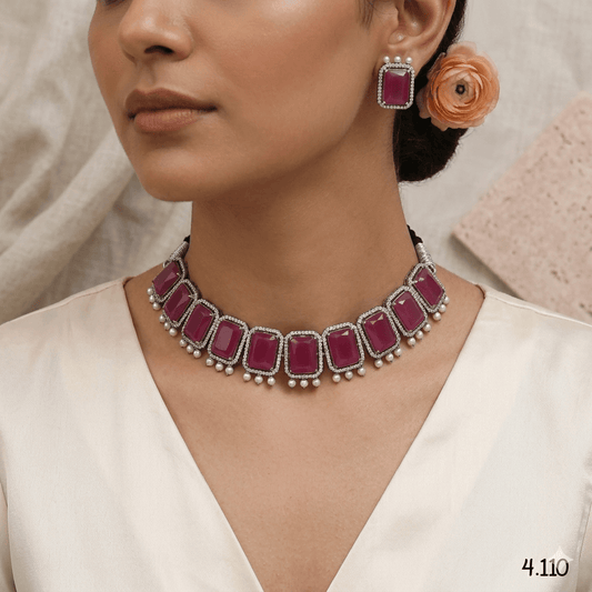 Black Polish Ruby Red Stone Choker Necklace Set with AD Stone Detailing & Baby Pearl Drops