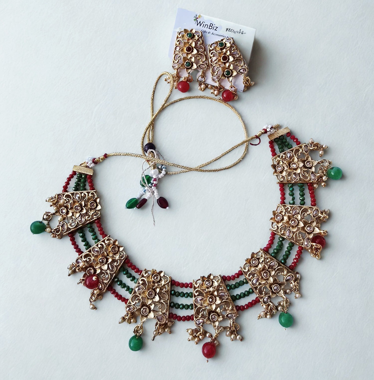 Golden Set with Green Red Onyx Beads