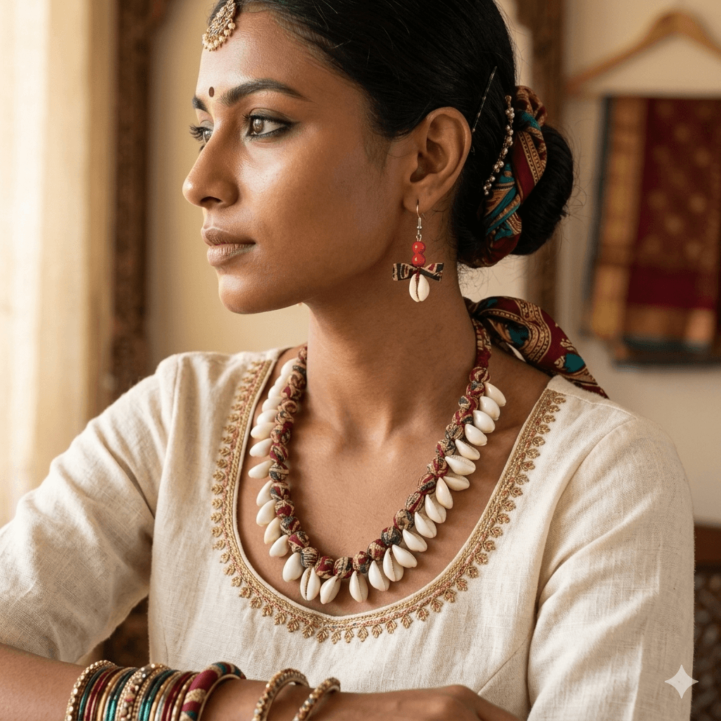 Ethnic Fabric & Shell Statement Necklace Set