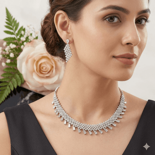 Silver Polish AD Stone Necklace Set with Baguette Drops & Statement Dangler Earrings