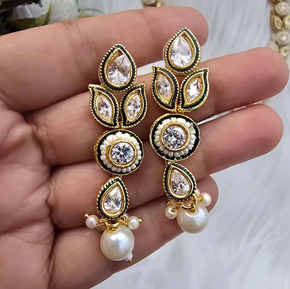 Premium Moissanite Kundan Necklace Set with Pearl Drops & Matching Earrings | Wedding Jewelry for Women