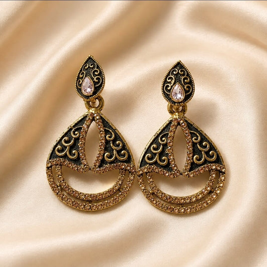 Antique Gold & Black Crystal Drop Earrings | Statement Earrings
