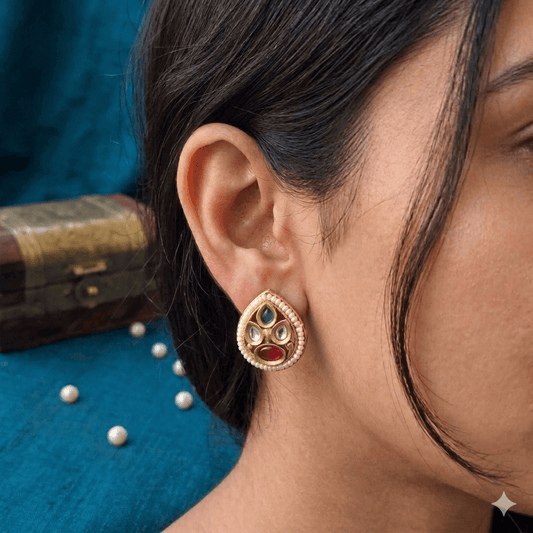 Traditional Kundan Teardrop Stud Earrings with Pearl Border – Ethnic Gold Tone Festive Earrings for Women
