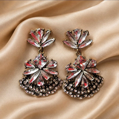White Crystal Floral Drop Earrings | Antique Black Polish