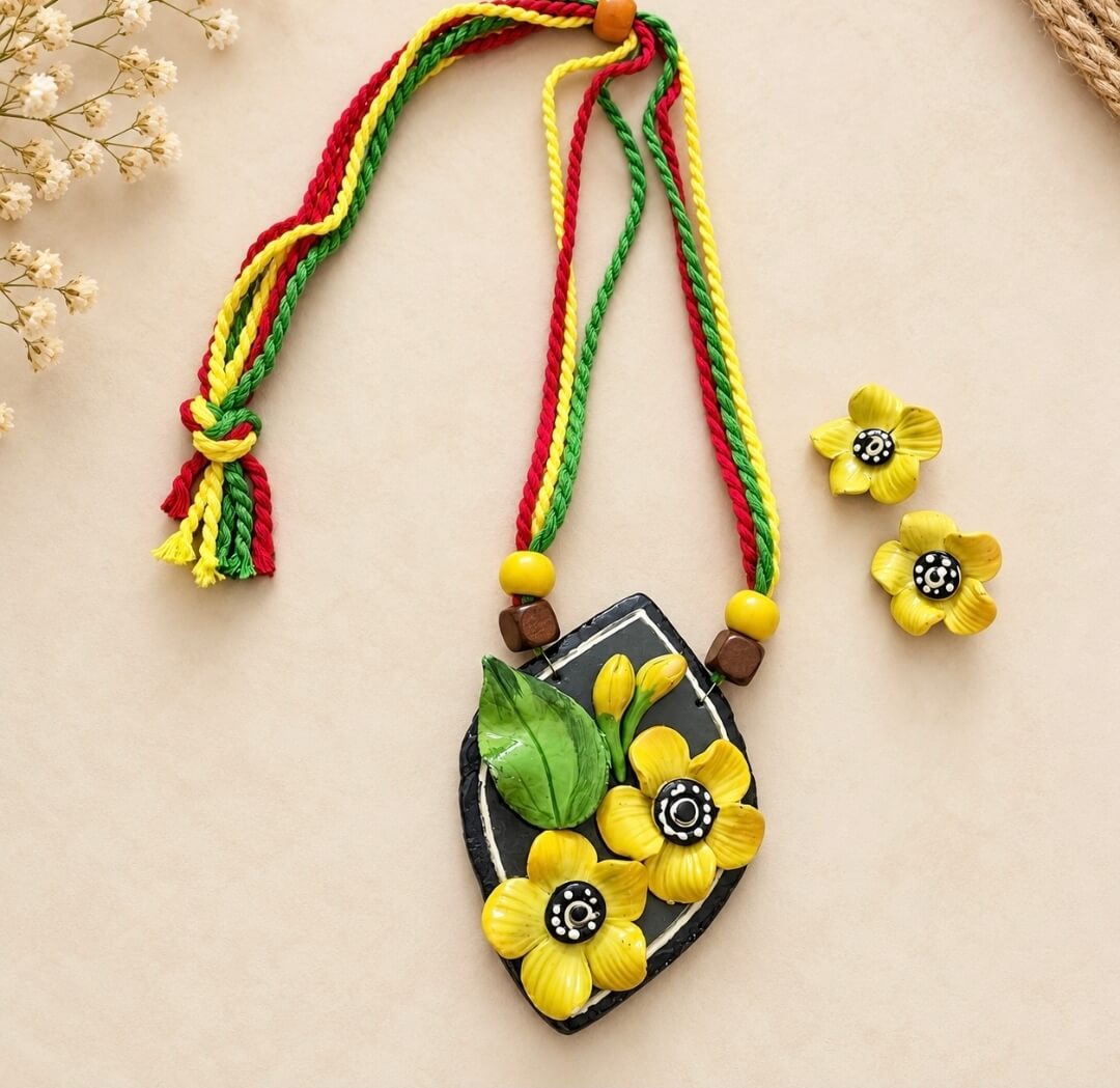 Handmade Yellow Floral Clay Necklace Set with Matching Earrings