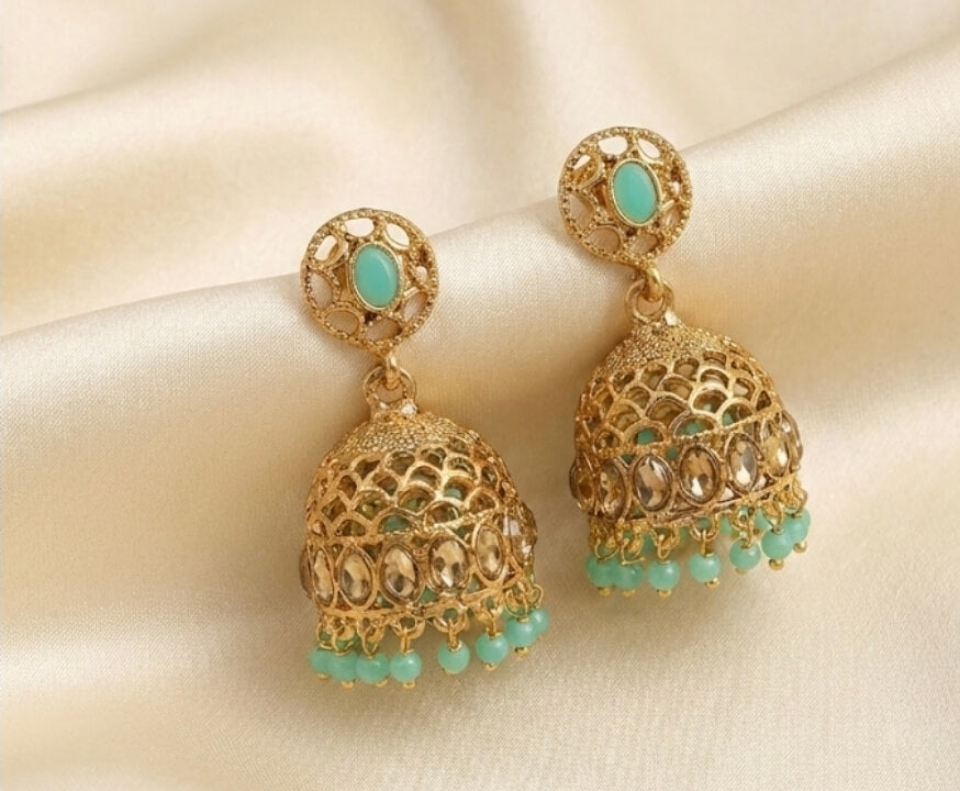 Golden Jhumkas with green drops