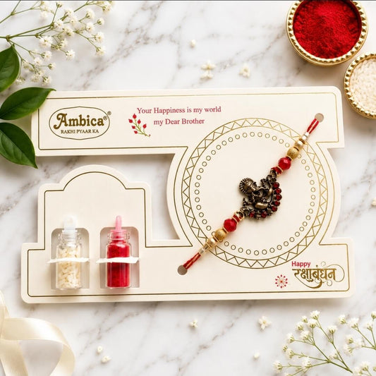 Antique Ganesha Rakhi with Red Crystal Beads & Roli Chawal | Premium Raksha Bandhan Rakhi